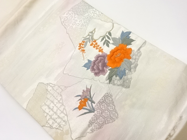 JAPANESE NAGOYA OBI / EMBROIDERY / PLATINUM FOIL / SHIKISHI PATTERN
